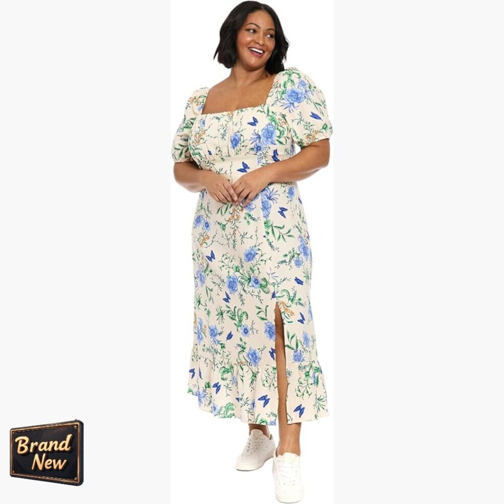 Size 8 Midi Dress With Puff Sleeves, Square Neck, A-Line Silhouette